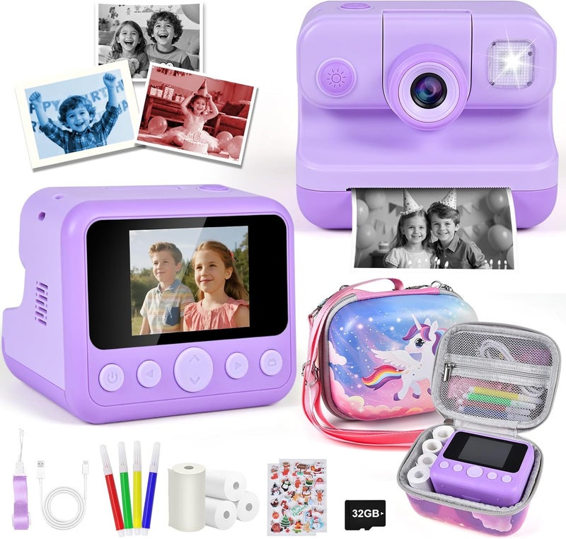 Elecoutek Kids Instant Print Camera, 30MP 1080P HD Digital Camera for Boys Girls with Color Pens & 32GB Card, Christmas Birthday Gifts Kids Toys for 3-12 Years Old (Purple) - Image 1